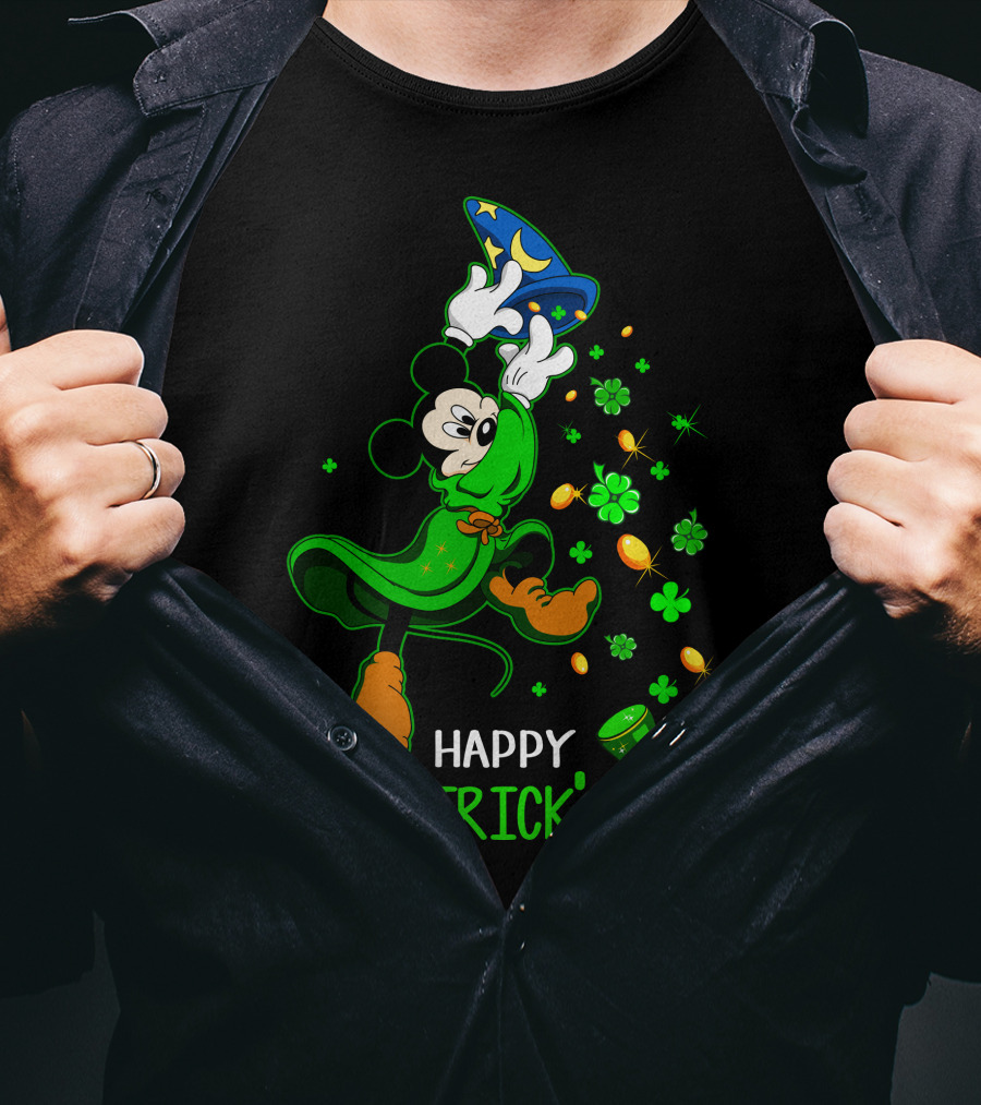 Happy St. Patrick's Day Fantasia Mickey With Shamrocks And Coins T-Shirt