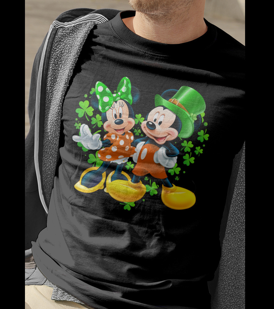 Mickey And Minnie With Shamrocks In Green And Orange Outfits T-Shirt
