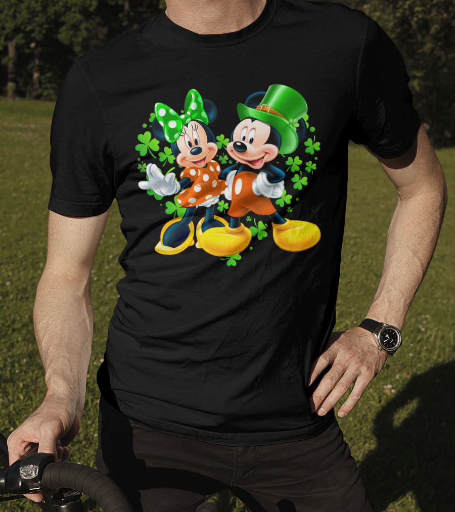 Mickey And Minnie With Shamrocks In Green And Orange Outfits T-Shirt