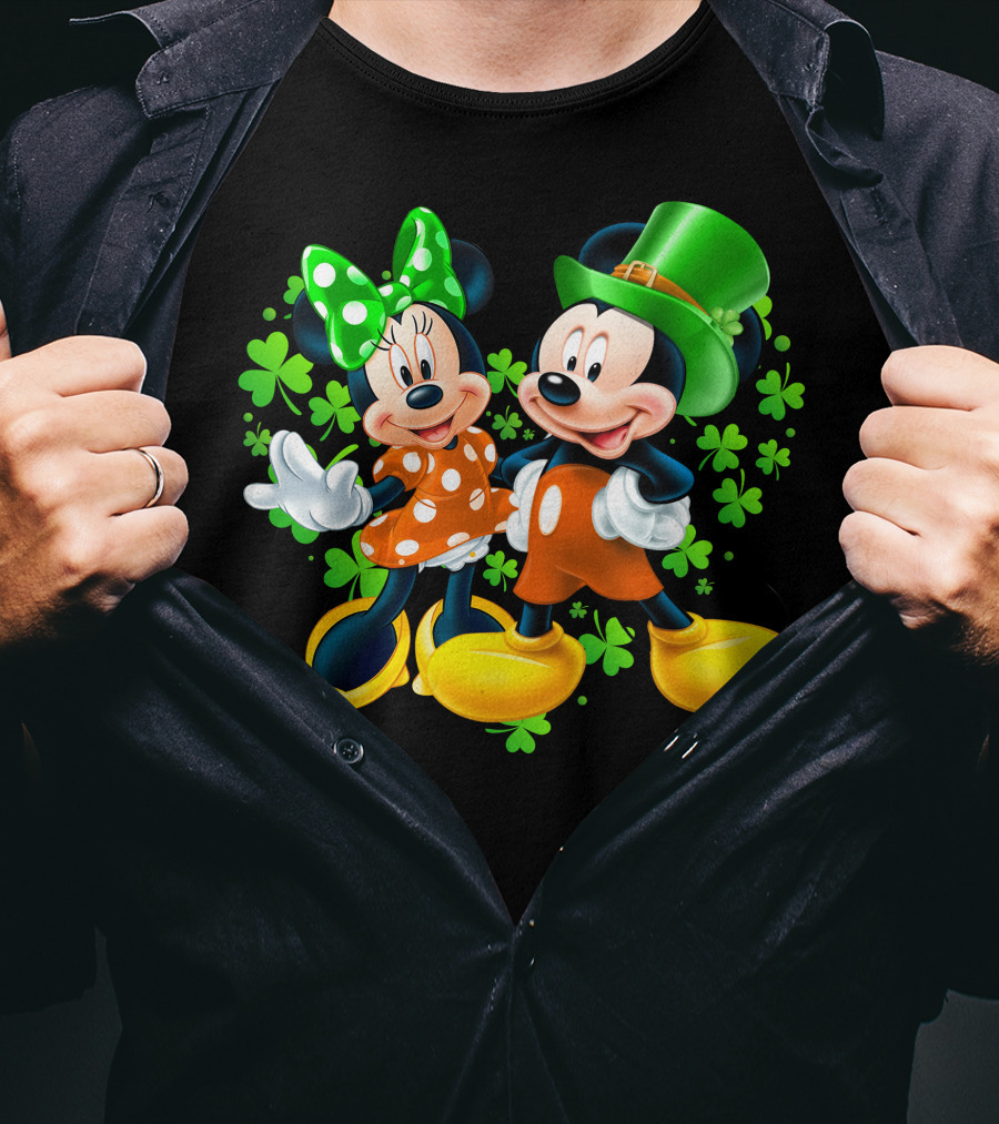 Mickey And Minnie With Shamrocks In Green And Orange Outfits T-Shirt