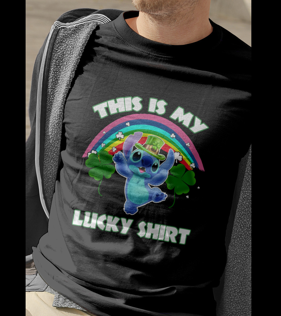 This Is My Lucky Shirt Stitch Leprechaun Clover Rainbow T-Shirt