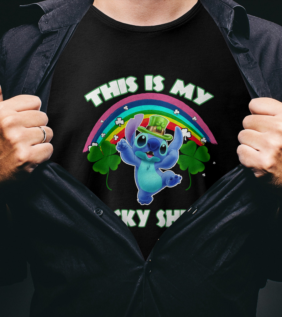 This Is My Lucky Shirt Stitch Leprechaun Clover Rainbow T-Shirt