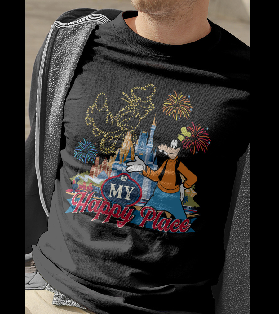 Goofy My Happy Place Fireworks Castle T-Shirt
