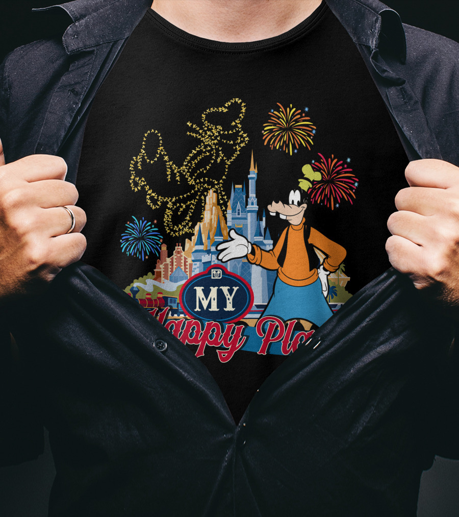 Goofy My Happy Place Fireworks Castle T-Shirt