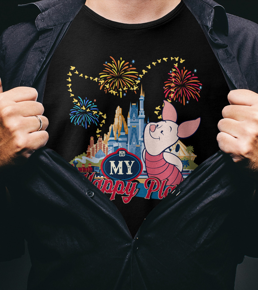 Piglet My Happy Place Fireworks Castle T-Shirt