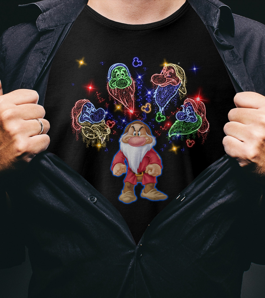 Grumpy And Dwarf Colorful Starry Burst With Mickey T-Shirt