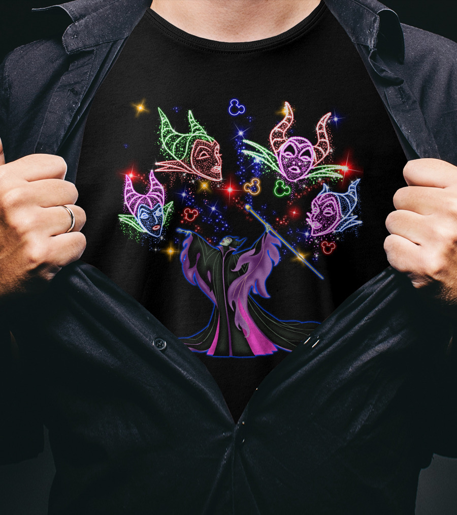 Maleficent Colorful Magical Neon Faces With Mickey Mouse Ears T-Shirt