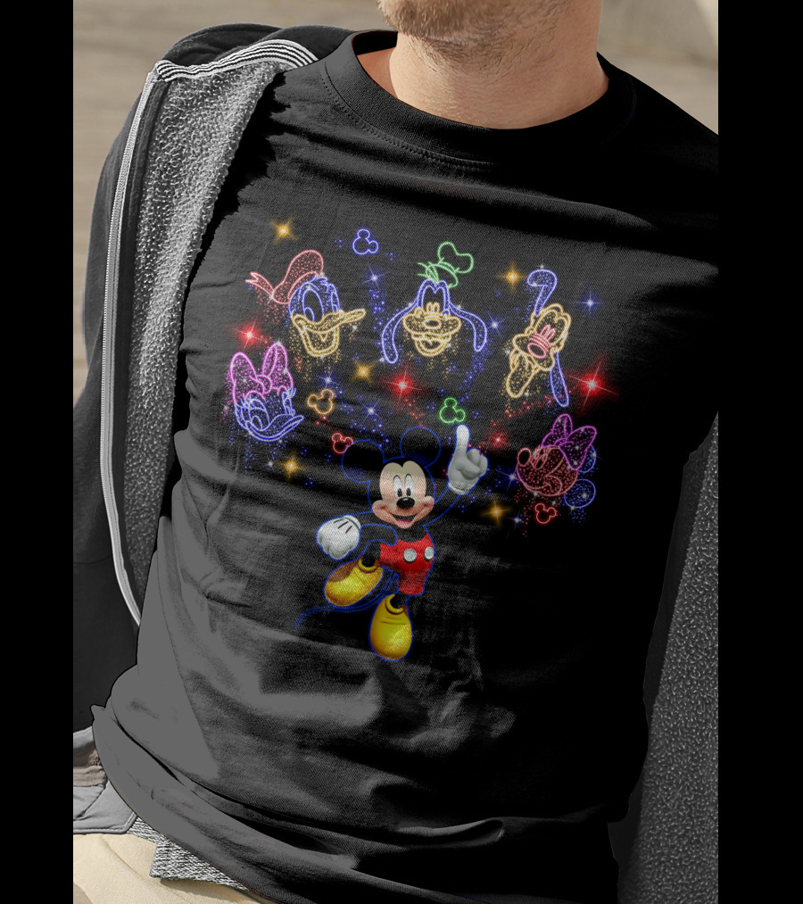 Mickey Neon Disney Friends Stars Donald Goofy Pluto Daisy Minnie T-Shirt