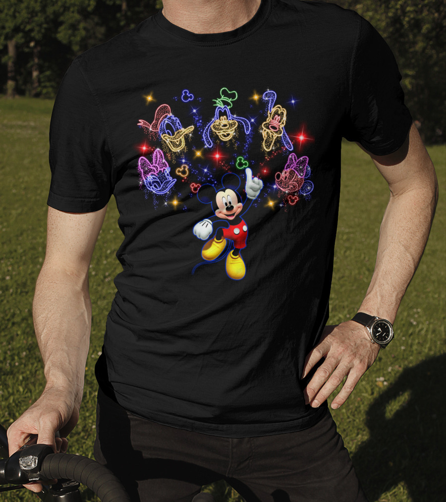 Mickey Neon Disney Friends Stars Donald Goofy Pluto Daisy Minnie T-Shirt