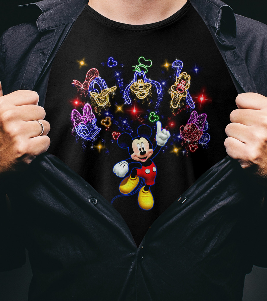 Mickey Neon Disney Friends Stars Donald Goofy Pluto Daisy Minnie T-Shirt