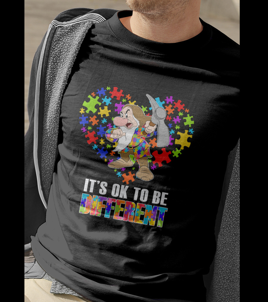 It's Ok To Be Different Grumpy Dwarf With Puzzle Piece Heart T-Shirt