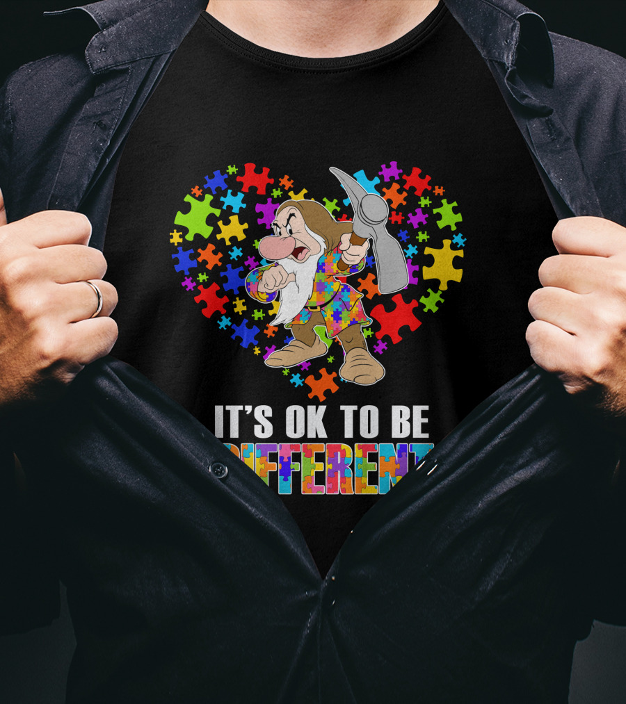 It's Ok To Be Different Grumpy Dwarf With Puzzle Piece Heart T-Shirt