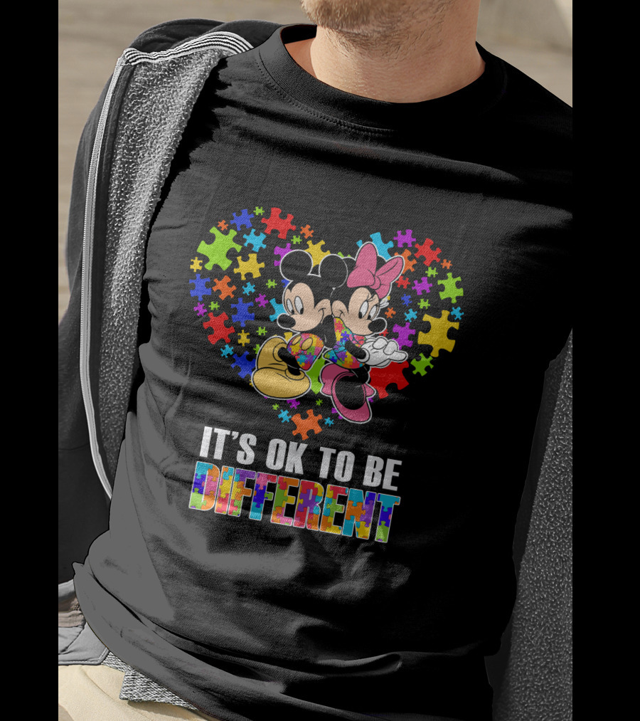 Mickey Minnie It's Ok To Be Different Puzzle Pieces Heart T-Shirt