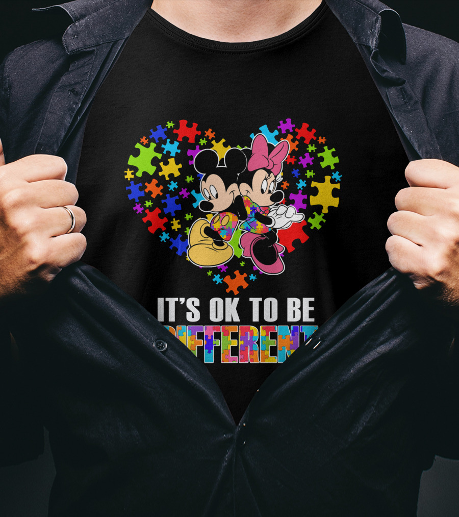 Mickey Minnie It's Ok To Be Different Puzzle Pieces Heart T-Shirt