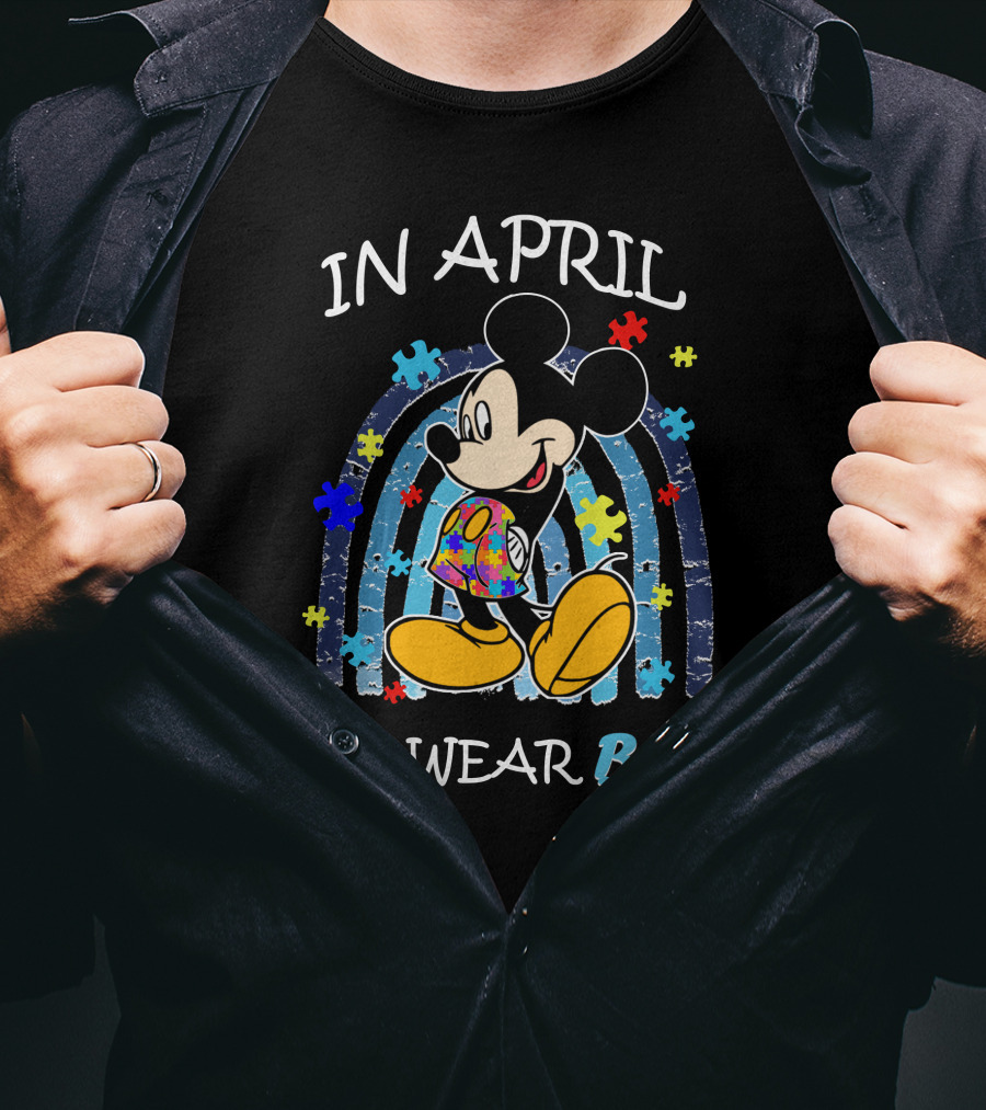 In April We Wear Blue Mickey Puzzle Autism Awareness T-Shirt