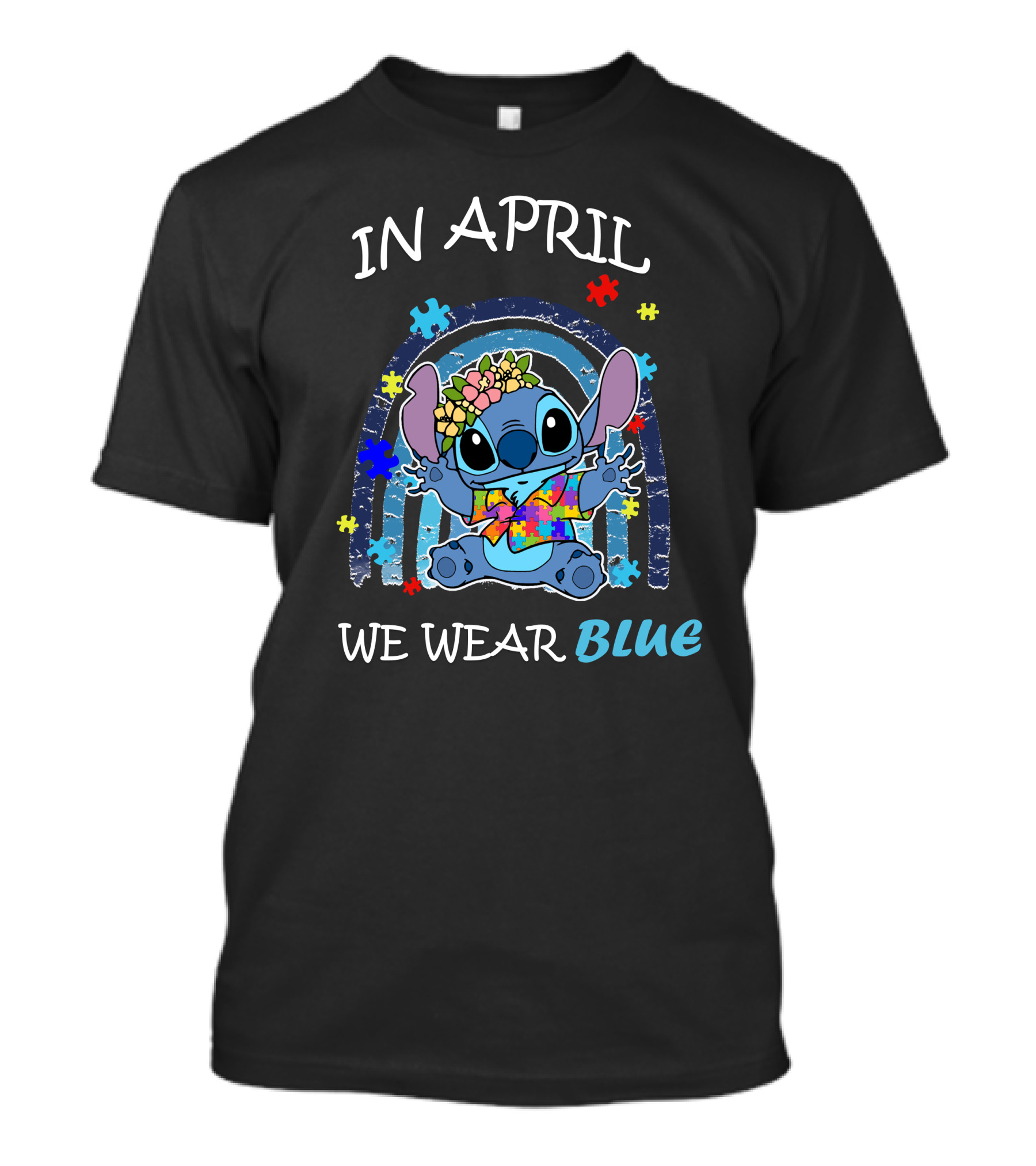 In April We Wear Blue Stitch Puzzle Rainbow T-Shirt