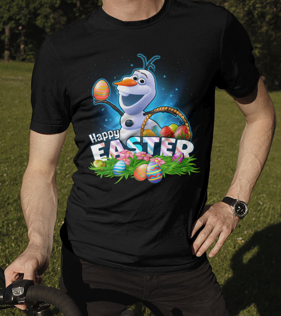 Happy Easter Olaf With Colorful Eggs And Basket T-Shirt