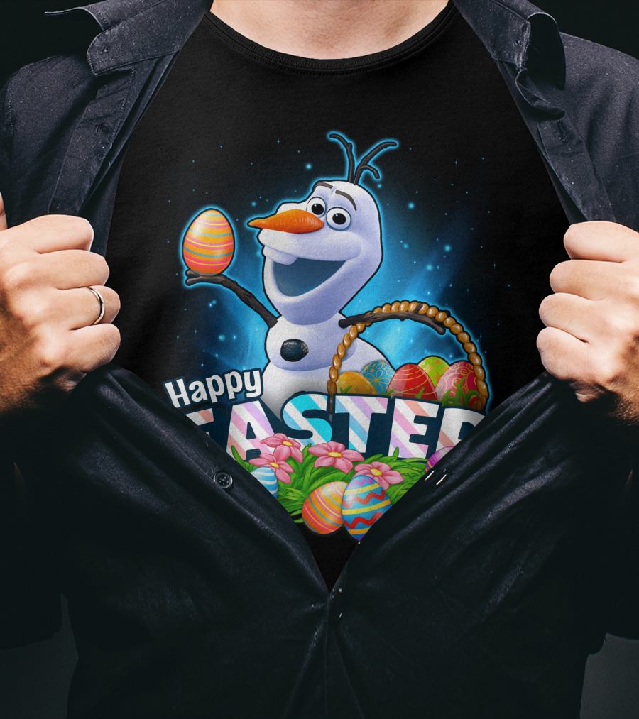 Happy Easter Olaf With Colorful Eggs And Basket T-Shirt