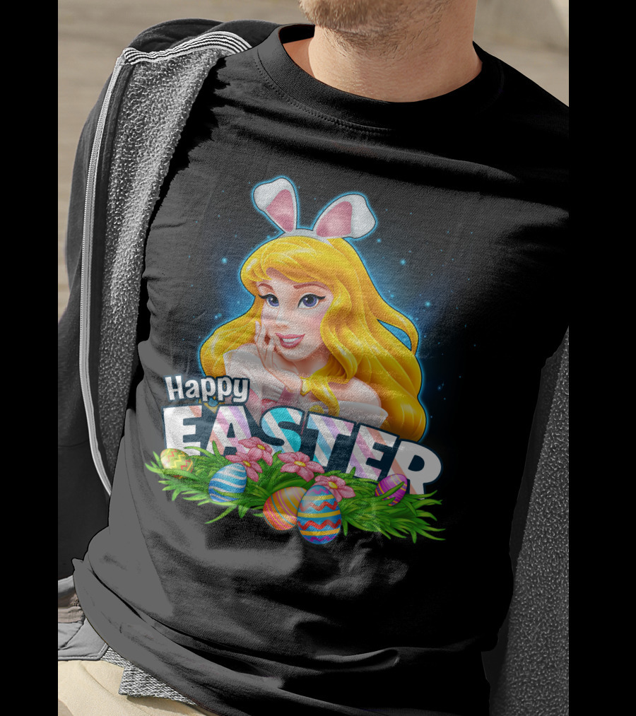 Happy Easter Aurora Bunny Ears With Colorful Eggs And Flowers T-Shirt