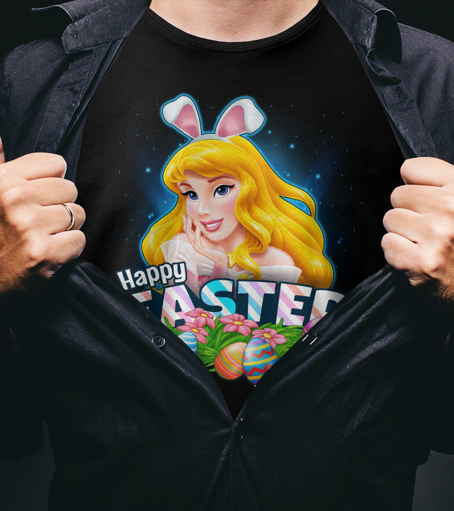 Happy Easter Aurora Bunny Ears With Colorful Eggs And Flowers T-Shirt