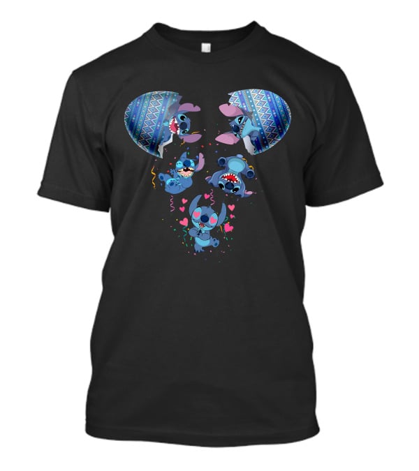 Stitch Erupting From Ornate Eggshell With Playful Expressions And Heart Confetti T-Shirt