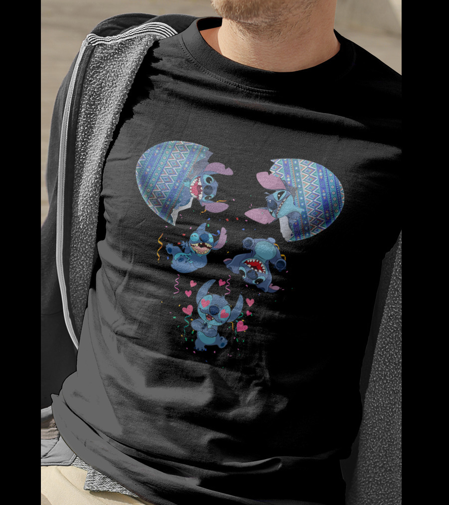 Stitch Erupting From Ornate Eggshell With Playful Expressions And Heart Confetti T-Shirt