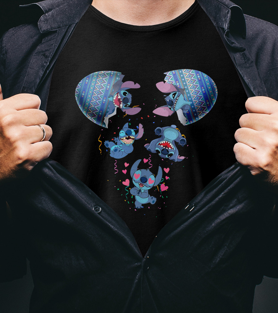 Stitch Erupting From Ornate Eggshell With Playful Expressions And Heart Confetti T-Shirt