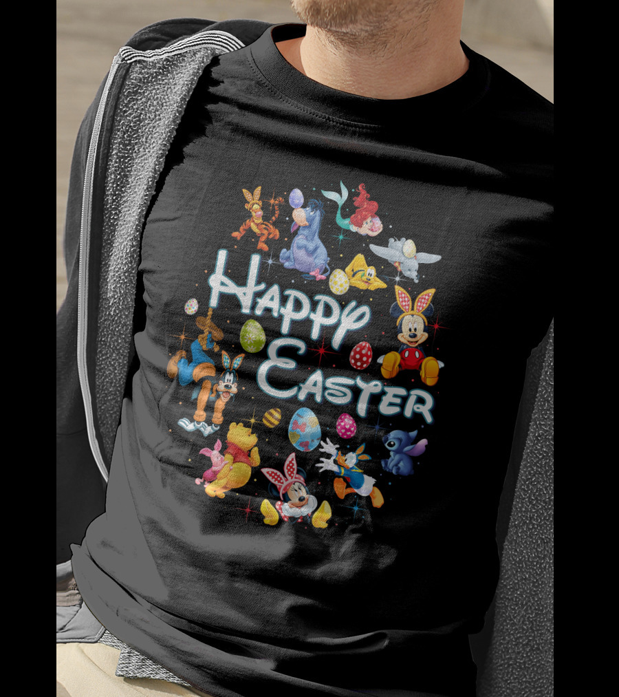 Happy Easter Disney Characters Mickey Minnie Pooh Stitch Dumbo Ariel Tigger Goofy Eeyore Eggs T-Shirt