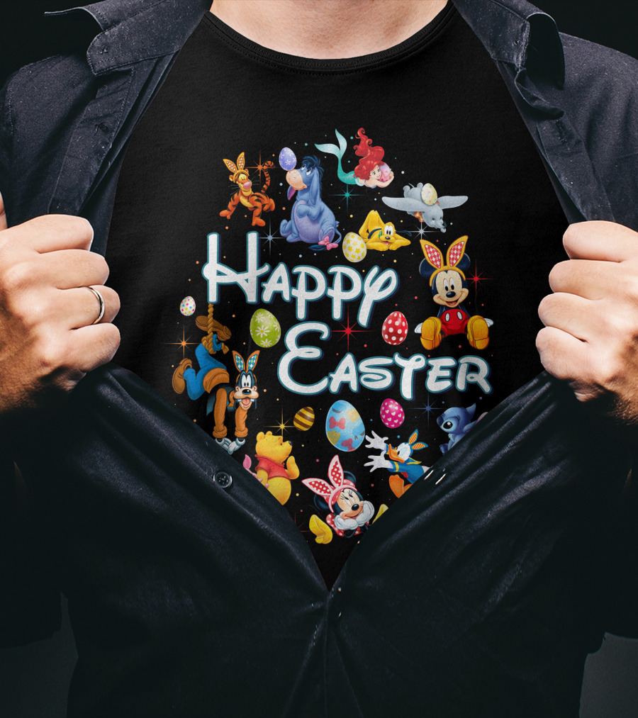 Happy Easter Disney Characters Mickey Minnie Pooh Stitch Dumbo Ariel Tigger Goofy Eeyore Eggs T-Shirt