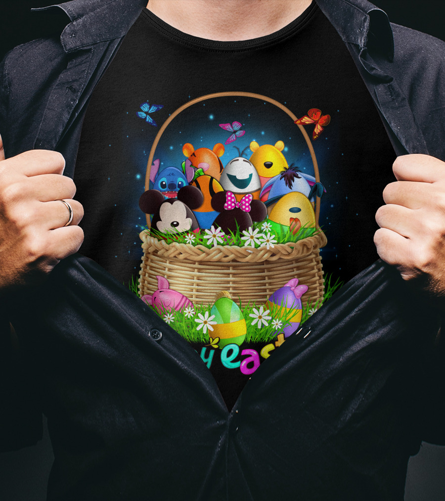 Happy Easter Basket With Colorful Eggs And Characters T-Shirt