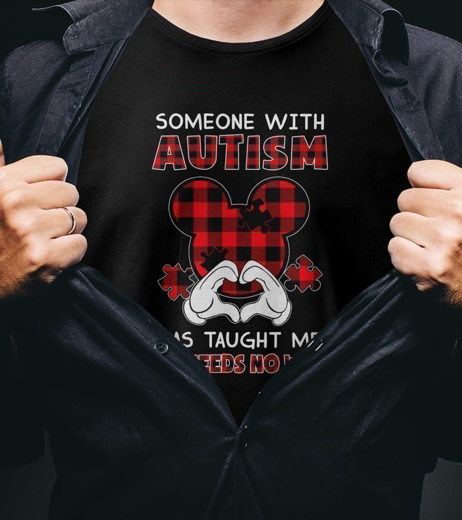 Someone With Autism Has Taught Me Love Needs No Words Mickey Ears Puzzle Plaid T-Shirt