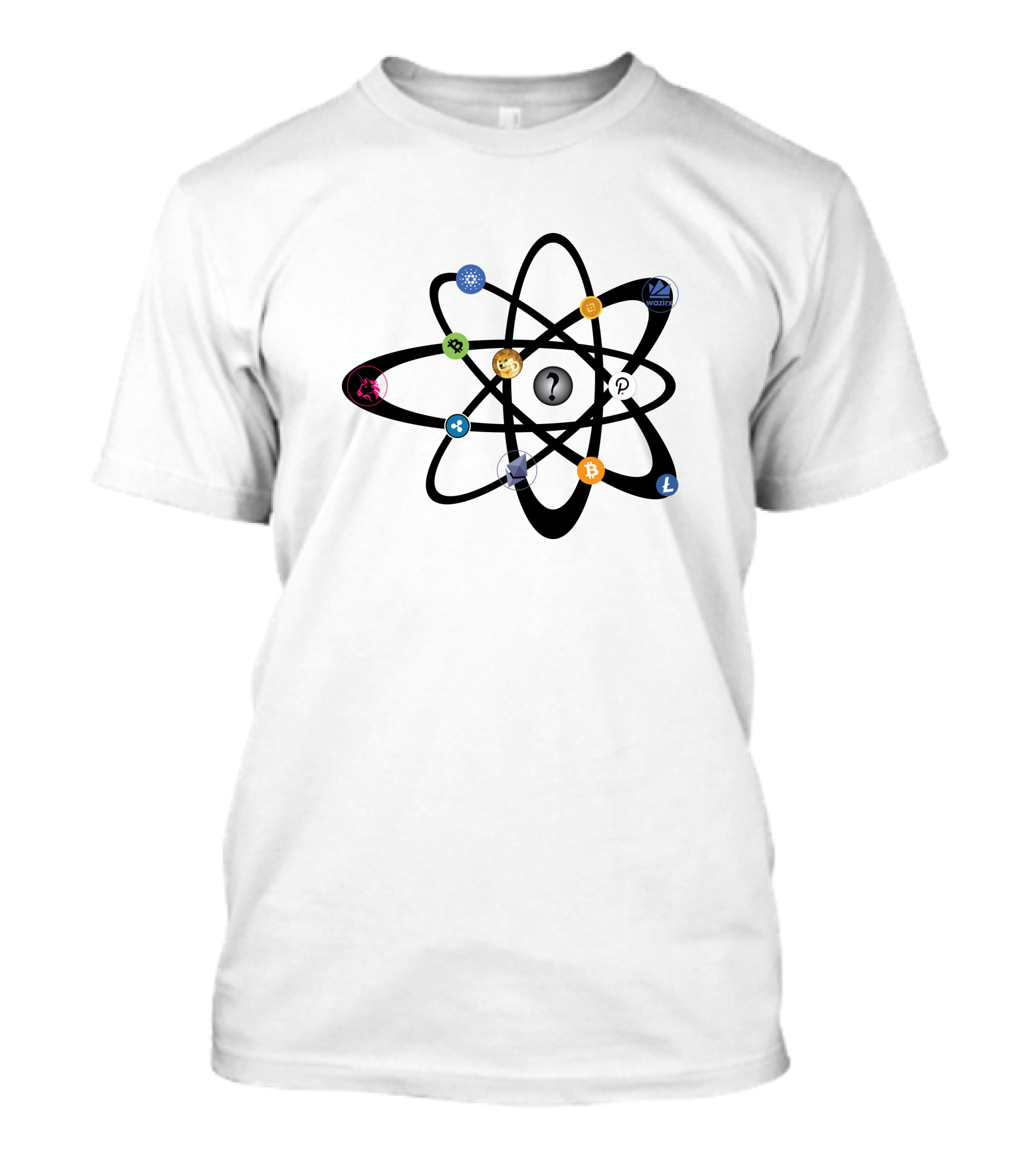 Uniswap Cardano Binance Coin WazirX Polkadot XRP Dogecoin Ethereum Bitcoin Litecoin Cryptocurrency Icons Atom Structure T-Shirt