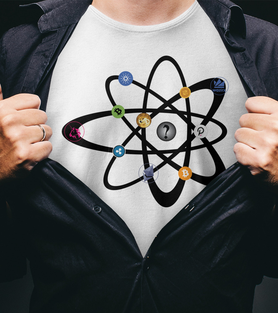 Uniswap Cardano Binance Coin WazirX Polkadot XRP Dogecoin Ethereum Bitcoin Litecoin Cryptocurrency Icons Atom Structure T-Shirt