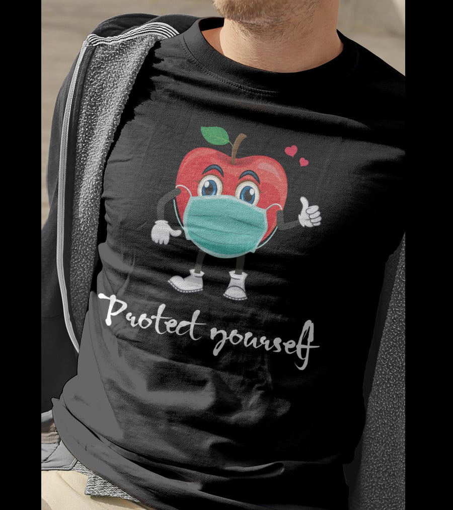 Protect Yourself Masked Apple Cartoon With Hearts T-Shirt