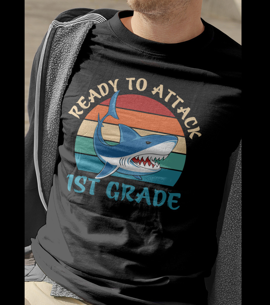 Ready To Attack 1st Grade Shark Retro Stripes T-Shirt