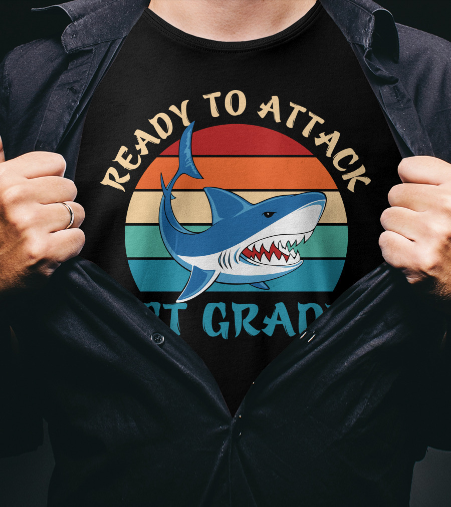 Ready To Attack 1st Grade Shark Retro Stripes T-Shirt