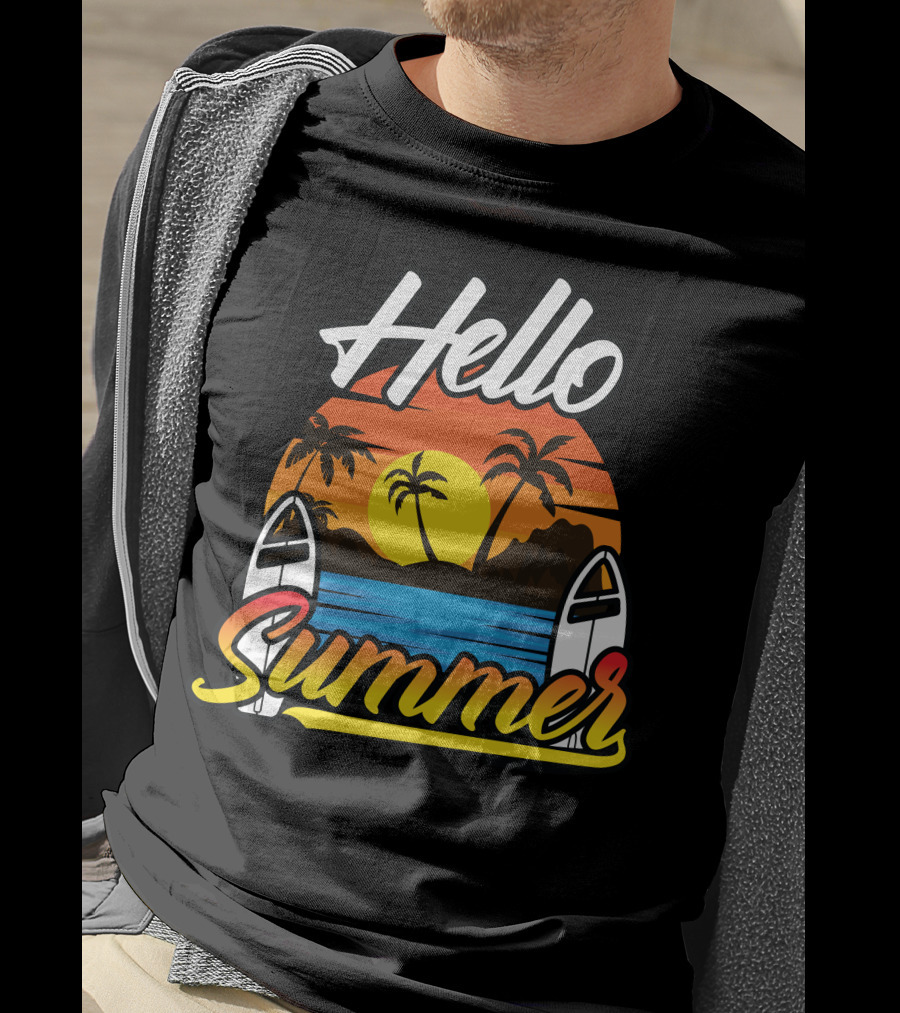 Hello Summer Sunset Surfing Beach Scene T-Shirt