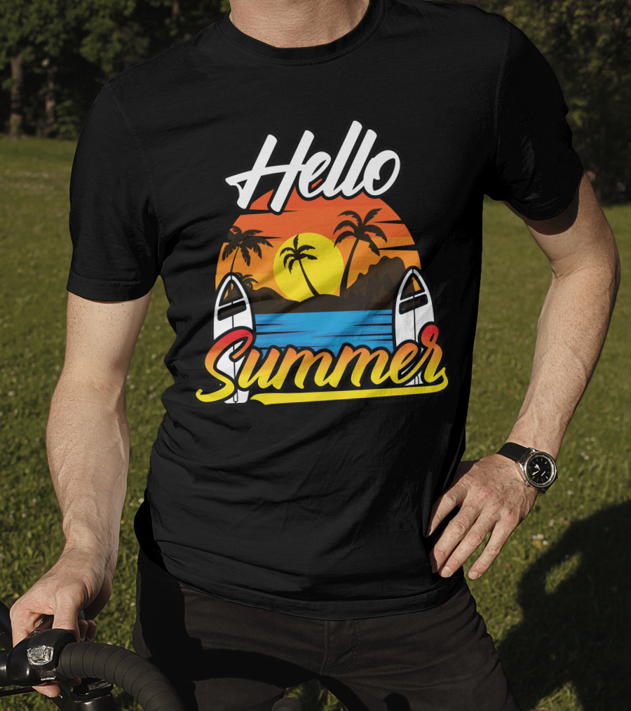 Hello Summer Sunset Surfing Beach Scene T-Shirt