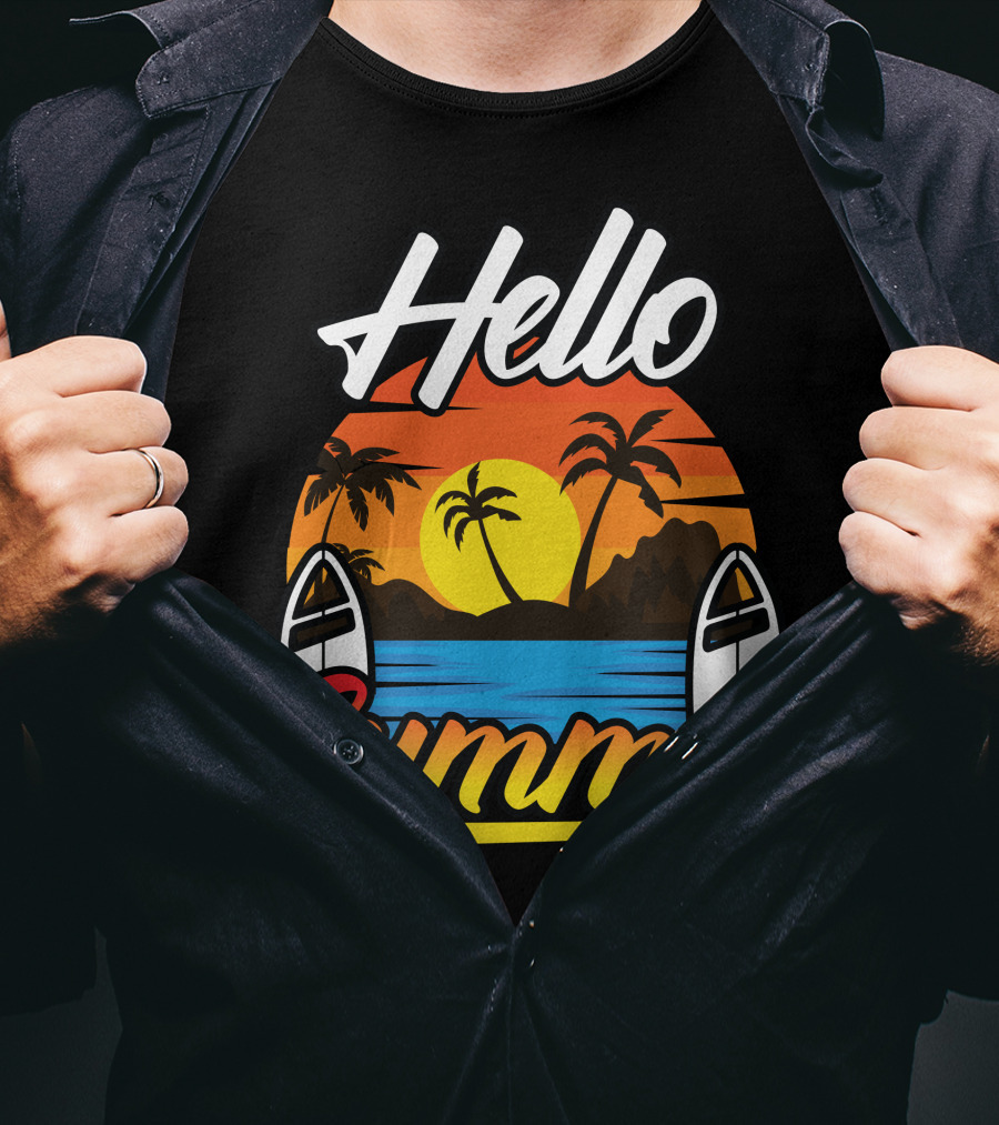 Hello Summer Sunset Surfing Beach Scene T-Shirt