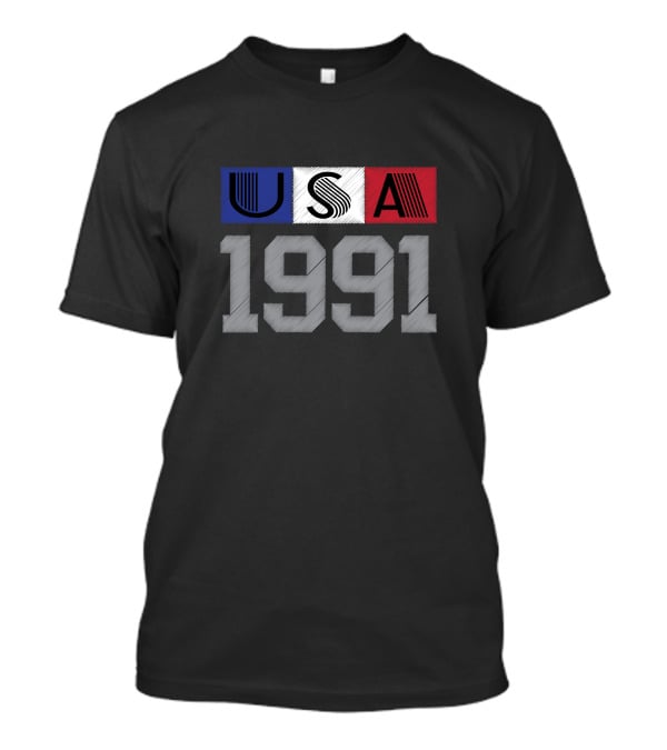 USA 1991 Vintage Graphic Blue White Red Stripes T-Shirt