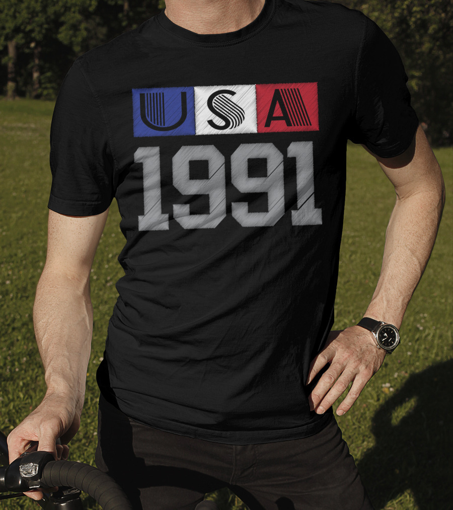 USA 1991 Vintage Graphic Blue White Red Stripes T-Shirt