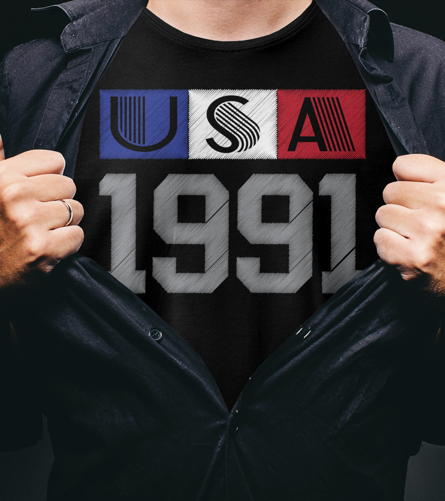 USA 1991 Vintage Graphic Blue White Red Stripes T-Shirt