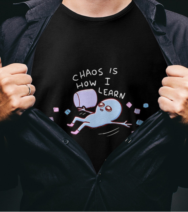 Chaos Is How I Learn Playful Blue Character Relaxing With Marshmallows T-Shirt