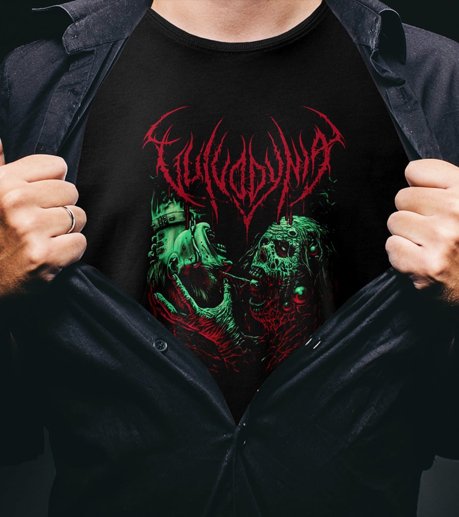 Vulvodynia Zombie Horror Art Blood Red And Green Helmet Creature T-Shirt