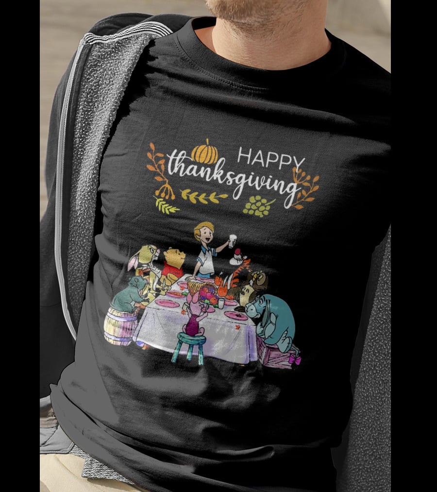 Winnie The Pooh Happy Thanksgiving Celebration With Friends At Dining Table T-Shirt