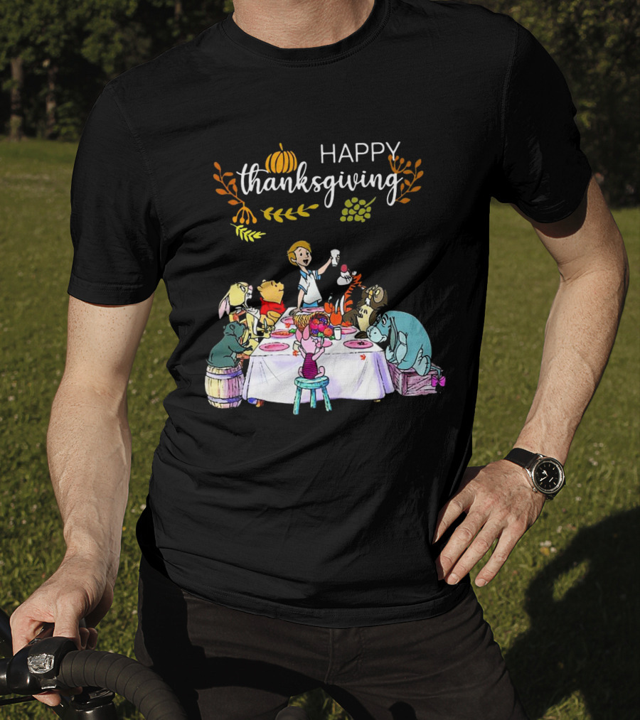 Winnie The Pooh Happy Thanksgiving Celebration With Friends At Dining Table T-Shirt