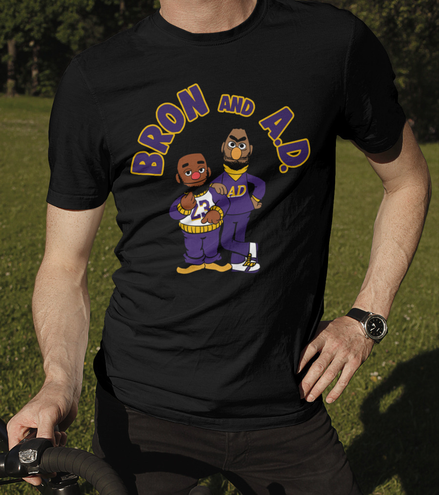 Bron And A.D. Cartoon Characters In Purple And Gold Outfits T-Shirt