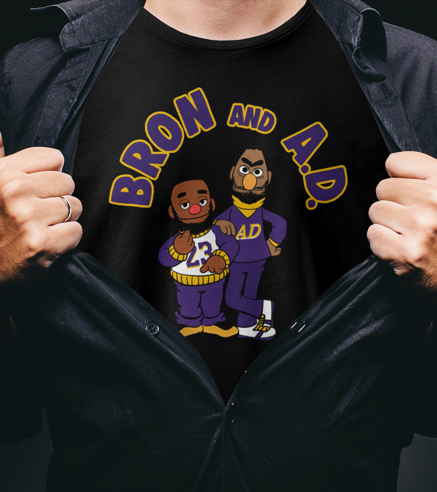 Bron And A.D. Cartoon Characters In Purple And Gold Outfits T-Shirt