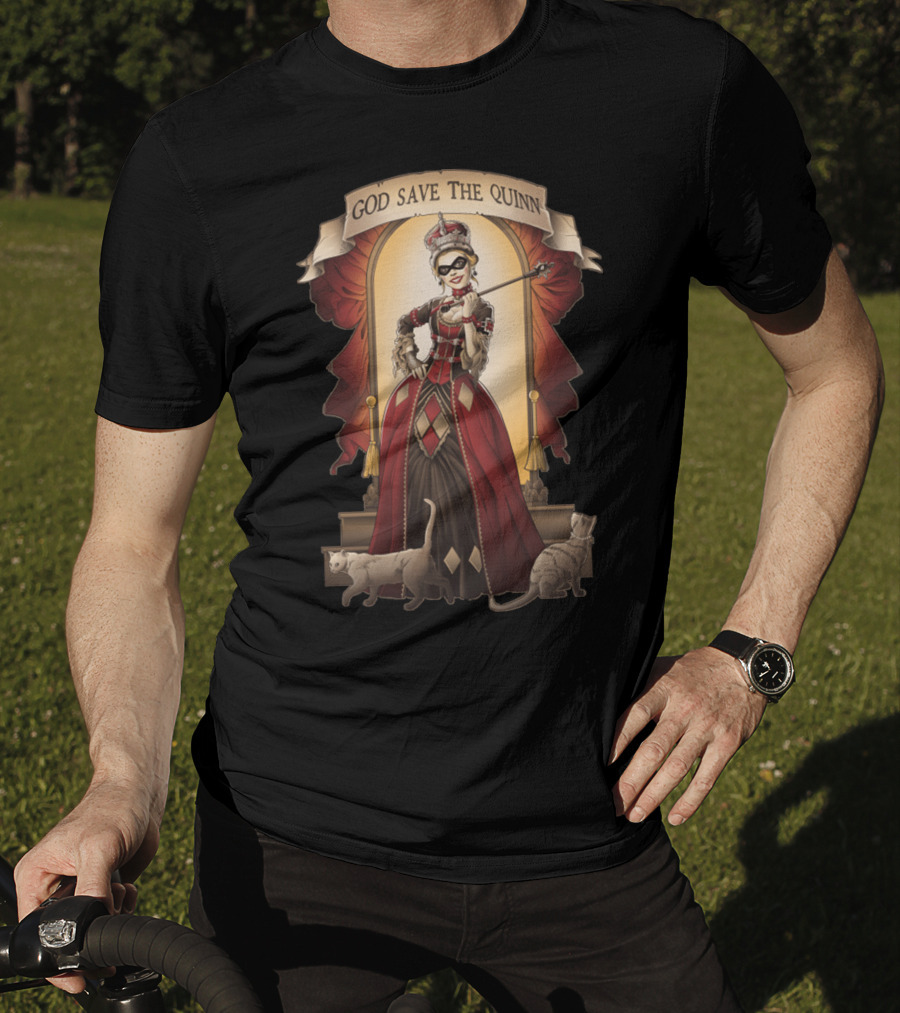 God Save The Quinn Victorian Jester Queen With Cats And Masked Scepter T-Shirt