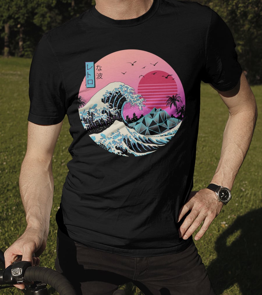 La Grande Vague Rétro Classique Synthwave Soleil Et Palmiers Édition Japonaise T-Shirt